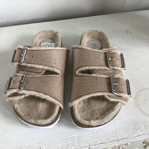 Dolce Vita Bonita Fuzzy Footbed Rhinestone Slippers Sandals Tan - Picture 3 of 7